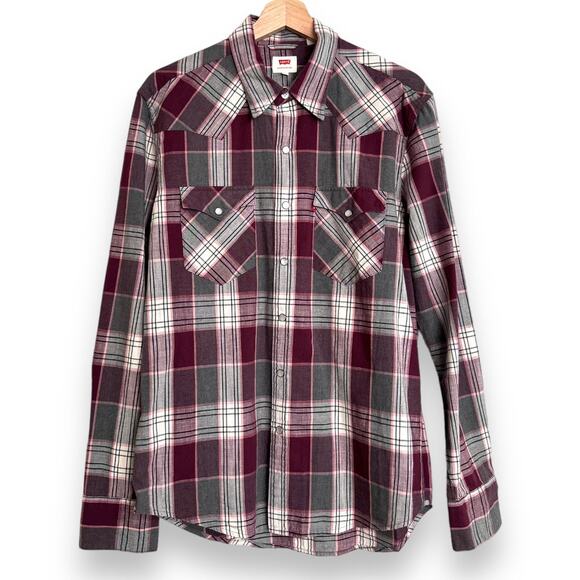 Levi's Burgundy and Gray Plaid Pearl Snap Western Shirt Men's Size M - Picture 1 of 9
